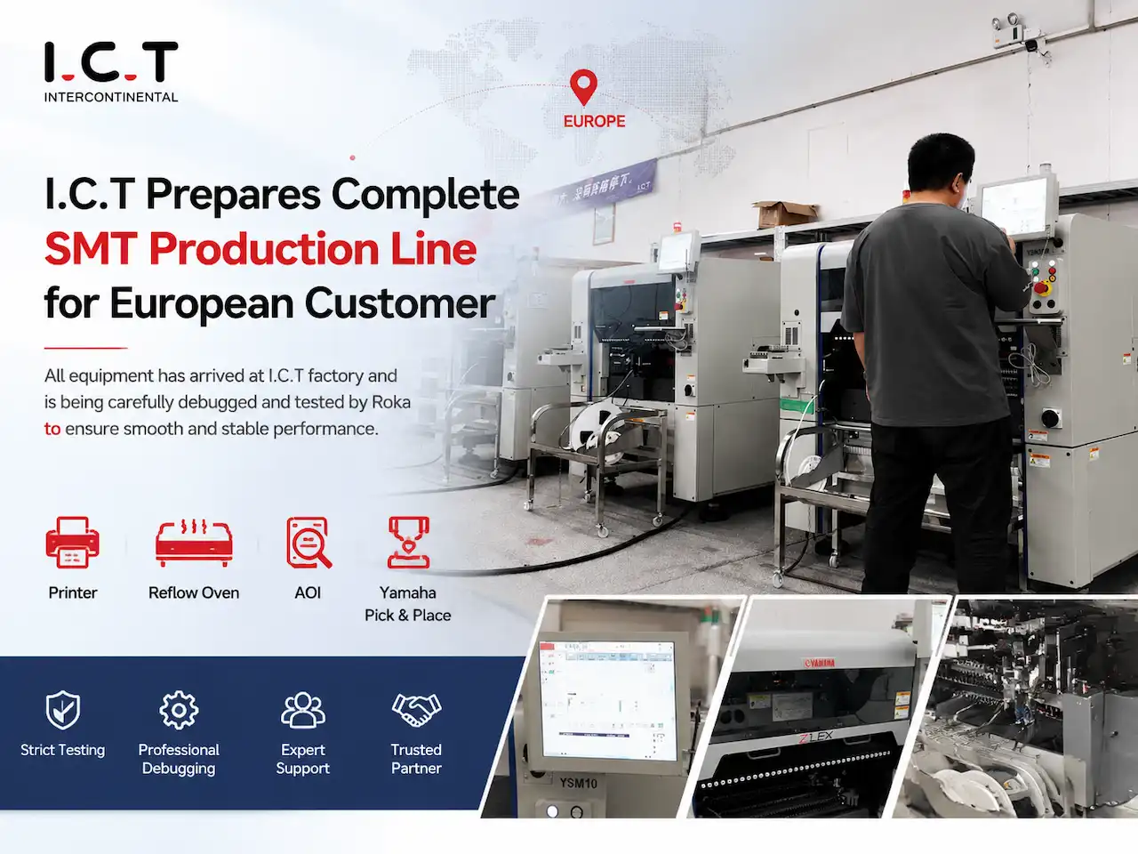 I.C.T pr&eacute;pare une ligne de production compl&egrave;te SMT pour un client europ&eacute;en.webp
